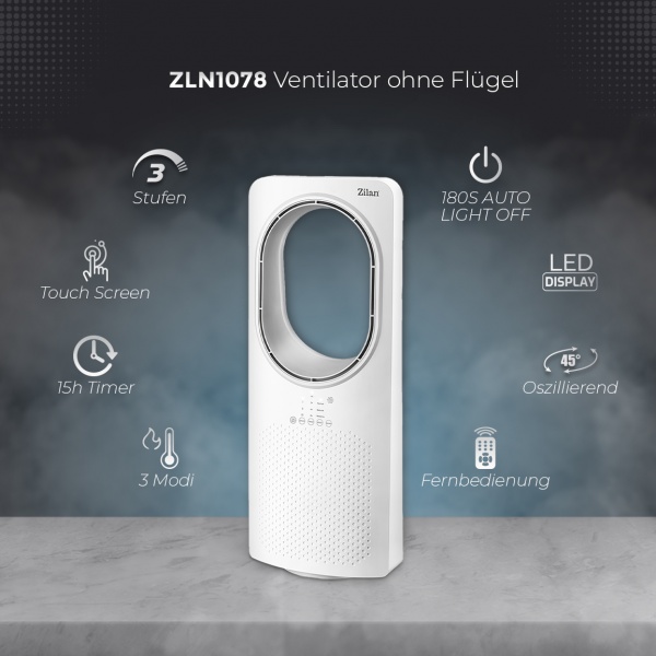 Ventilator fara palete Zilan, 50W, Timer, 3 trepte de viteza, 3 moduri presetate Ventilator fara palete Zilan, 50W, Timer, 3 trepte de viteza, 3 moduri presetate