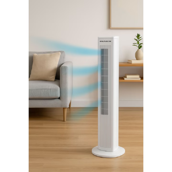 Ventilator turn digital Hausberg, 55W, 41 inch, 3 viteze, 3 moduri, temporizator 24h, LED, oscilatie, telecomanda, difuzor parfum, alb