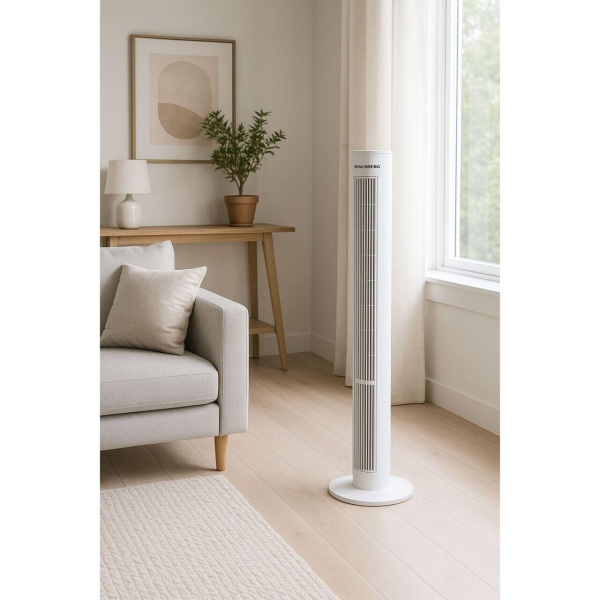 Ventilator turn Hausberg, 55W, 38 inch, 3 viteze, temporizator 24h, LED, oscilatie, telecomanda, alb