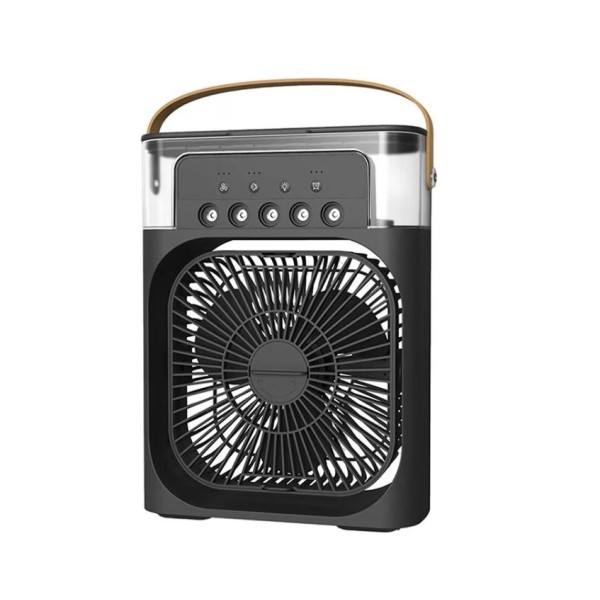Mini ventilator portabil, 3 in 1, racitor de aer, umidificator, fundal RGB, 7 moduri de lumina, rezervor apa 600 ml, 25x20x8.5 cm, negru