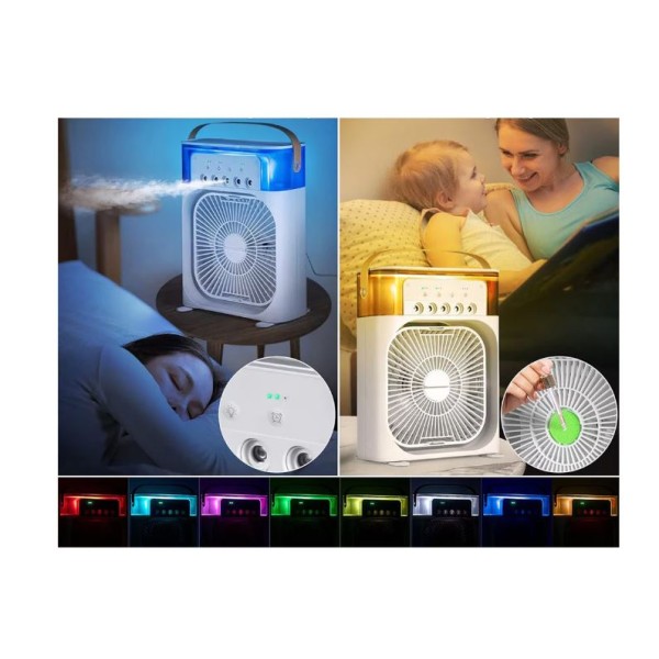 Mini ventilator portabil, 3 in 1, racitor de aer, umidificator, fundal RGB, 7 moduri de lumina, rezervor apa 600 ml, 25x20x8.5 cm, ALB Mini ventilator portabil, 3 in 1, racitor de aer, umidificator, fundal RGB, 7 moduri de lumina, rezervor apa 600 ml, 25x20x8.5 cm, ALB