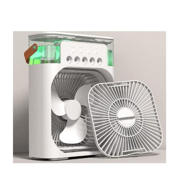 Mini ventilator portabil, 3 in 1, racitor de aer, umidificator, fundal RGB, 7 moduri de lumina, rezervor apa 600 ml, 25x20x8.5 cm, ALB Mini ventilator portabil, 3 in 1, racitor de aer, umidificator, fundal RGB, 7 moduri de lumina, rezervor apa 600 ml, 25x20x8.5 cm, ALB