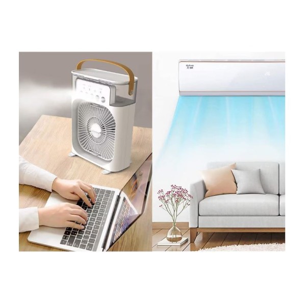 Mini ventilator portabil, 3 in 1, racitor de aer, umidificator, fundal RGB, 7 moduri de lumina, rezervor apa 600 ml, 25x20x8.5 cm, ALB Mini ventilator portabil, 3 in 1, racitor de aer, umidificator, fundal RGB, 7 moduri de lumina, rezervor apa 600 ml, 25x20x8.5 cm, ALB