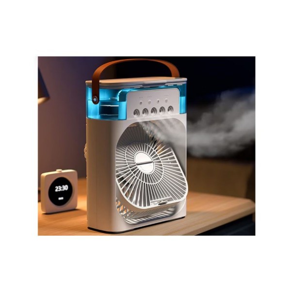 Mini ventilator portabil, 3 in 1, racitor de aer, umidificator, fundal RGB, 7 moduri de lumina, rezervor apa 600 ml, 25x20x8.5 cm, ALB Mini ventilator portabil, 3 in 1, racitor de aer, umidificator, fundal RGB, 7 moduri de lumina, rezervor apa 600 ml, 25x20x8.5 cm, ALB