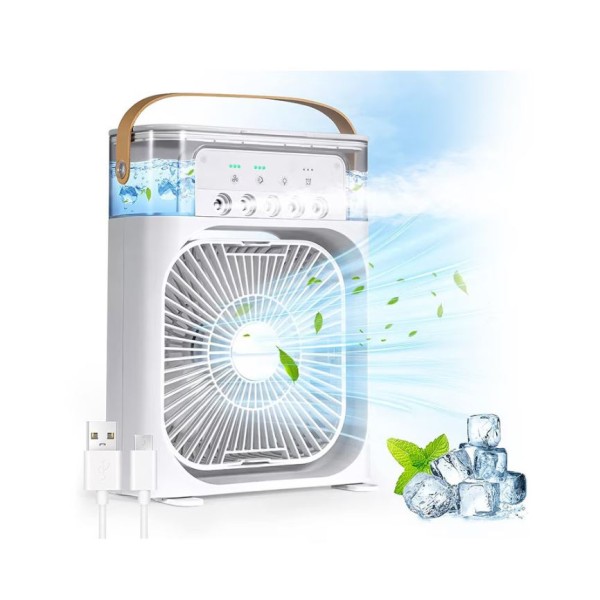 Mini ventilator portabil, 3 in 1, racitor de aer, umidificator, fundal RGB, 7 moduri de lumina, rezervor apa 600 ml, 25x20x8.5 cm, ALB Mini ventilator portabil, 3 in 1, racitor de aer, umidificator, fundal RGB, 7 moduri de lumina, rezervor apa 600 ml, 25x20x8.5 cm, ALB