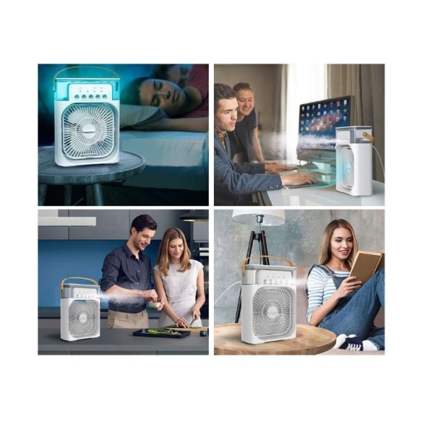 Mini ventilator portabil, 3 in 1, racitor de aer, umidificator, fundal RGB, 7 moduri de lumina, rezervor apa 600 ml, 25x20x8.5 cm, ALB Mini ventilator portabil, 3 in 1, racitor de aer, umidificator, fundal RGB, 7 moduri de lumina, rezervor apa 600 ml, 25x20x8.5 cm, ALB