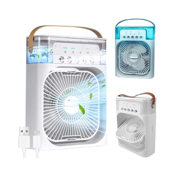 Mini ventilator portabil, 3 in 1, racitor de aer, umidificator, fundal RGB, 7 moduri de lumina, rezervor apa 600 ml, 25x20x8.5 cm, ALB Mini ventilator portabil, 3 in 1, racitor de aer, umidificator, fundal RGB, 7 moduri de lumina, rezervor apa 600 ml, 25x20x8.5 cm, ALB