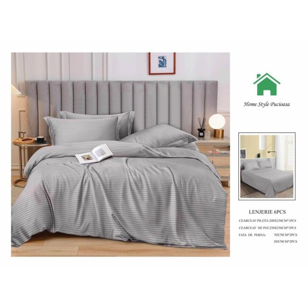Lenjerie HoReCa, pat dublu, Damasc Finetat Deluxe, 6 piese, GRI