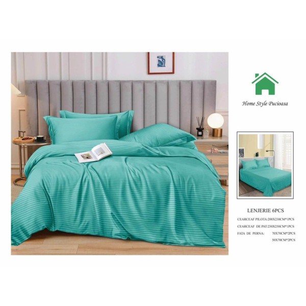 Lenjerie HoReCa, pat dublu, Damasc Finetat Deluxe, 6 piese, TURQOISE