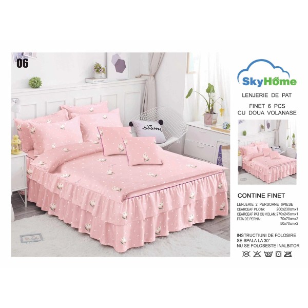 Lenjerie pat dublu, BUMBAC FINET, 6 piese, cu VOLANASE LFVSK06