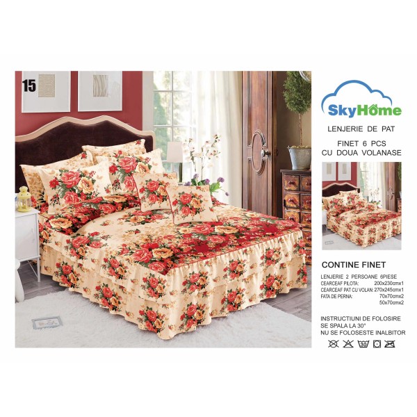 Lenjerie pat dublu, BUMBAC FINET, 6 piese, cu VOLANASE LFVSK15