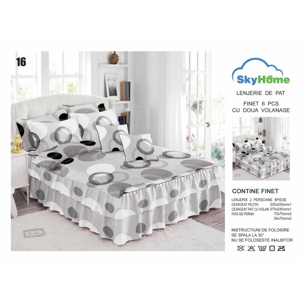 Lenjerie pat dublu, BUMBAC FINET, 6 piese, cu VOLANASE LFVSK16