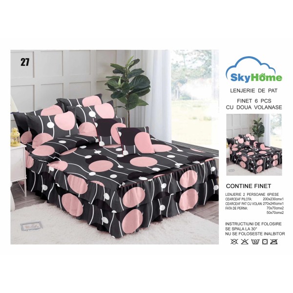 Lenjerie pat dublu, BUMBAC FINET, 6 piese, cu VOLANASE LFVSK27