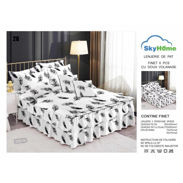 Lenjerie pat dublu, BUMBAC FINET, 6 piese, cu VOLANASE LFVSK28