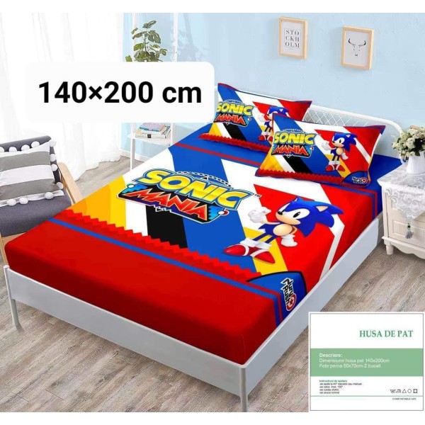 Set husa de pat dublu cu elastic si 2 fete de perna, Sonik mania Set husa de pat dublu cu elastic si 2 fete de perna, Sonik mania