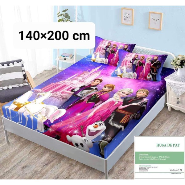 Set husa de pat dublu cu elastic si 2 fete de perna, frozen Elsa,anna si Olaf Set husa de pat dublu cu elastic si 2 fete de perna, frozen Elsa,anna si Olaf