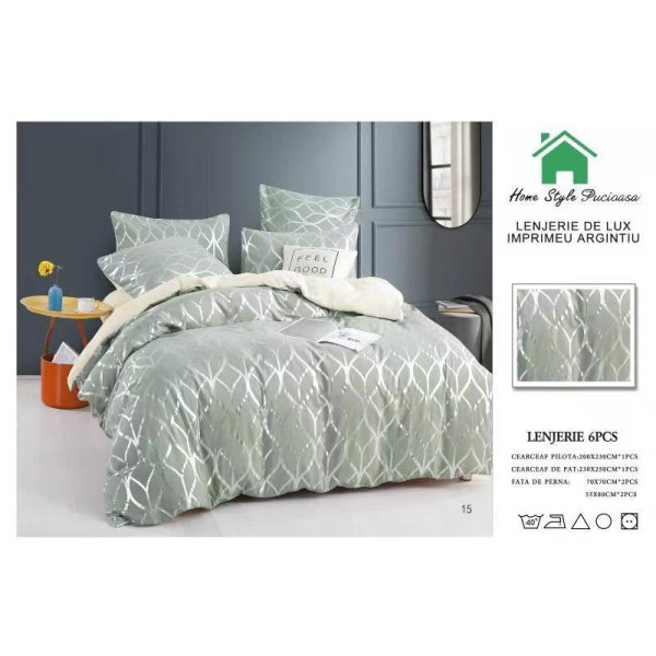 Lenjerie pat dublu, BUMBAC FINET DELUXE, 6 piese, Home Style Pucioasa, imprimeu Argintiu-Auriu,abstract argintiu