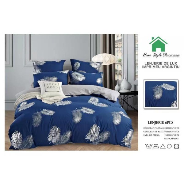 Lenjerie pat dublu, BUMBAC FINET DELUXE, 6 piese, Home Style Pucioasa, imprimeu Argintiu-Auriu,pene  argintii