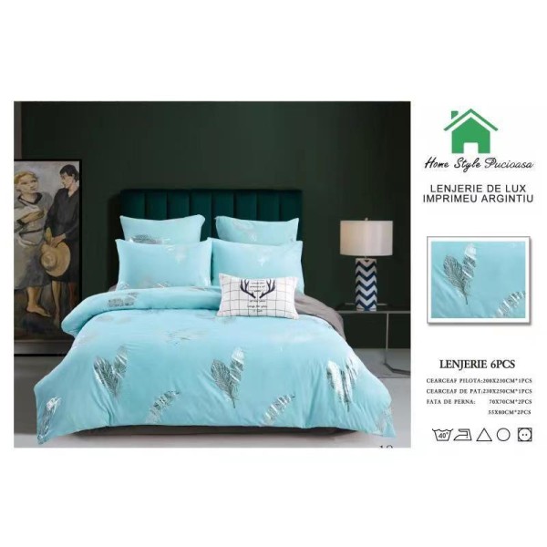 Lenjerie pat dublu, BUMBAC FINET DELUXE, 6 piese, Home Style Pucioasa, imprimeu Argintiu-Auriu,pene  argintii 1