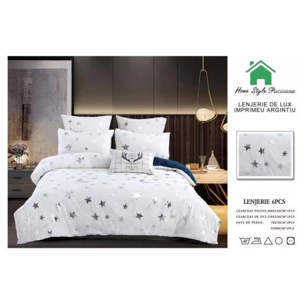 Lenjerie pat dublu, BUMBAC FINET DELUXE, 6 piese, Home Style Pucioasa, imprimeu Argintiu-Auriu,stelute  argintii