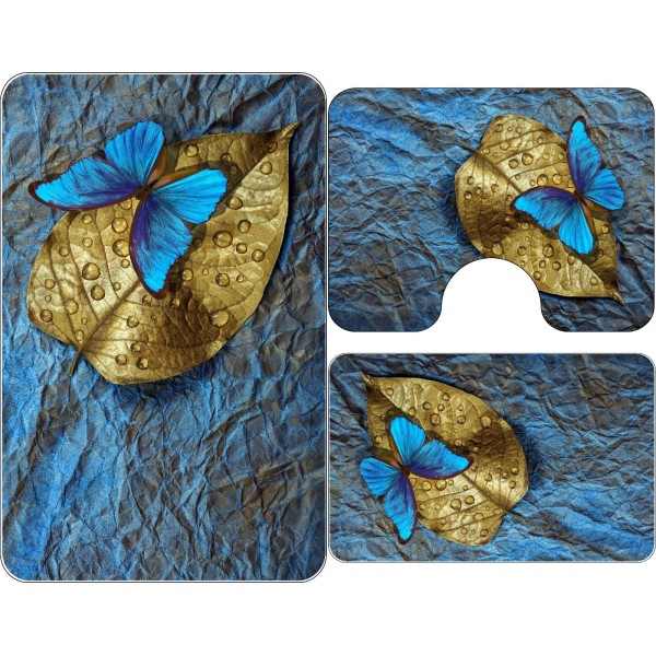 Covoare Pentru Baie, 3 Piese, Antiderapante , model fluturi albastri pe frunza