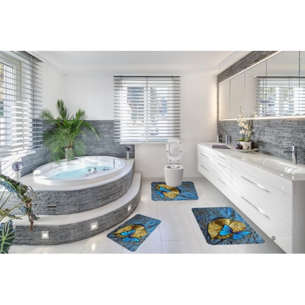 Covoare Pentru Baie, 3 Piese, Antiderapante , model fluturi albastri pe frunza