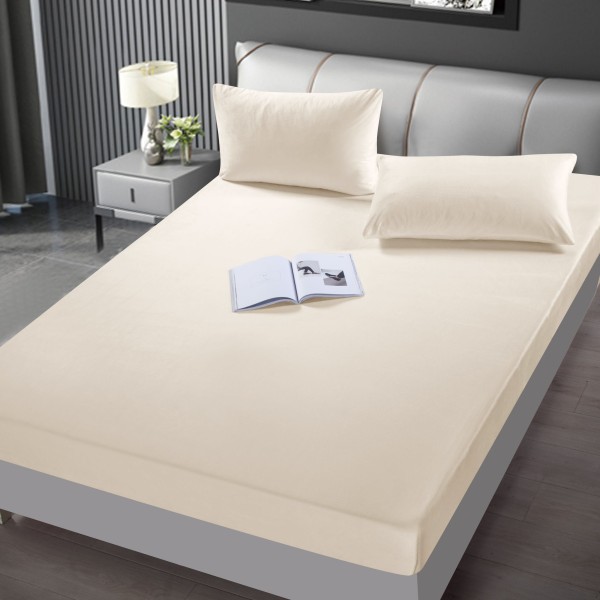Husa de pat din Catifea cu Elastic cu 2 fete de perna 180x200 Crem HSCJ01