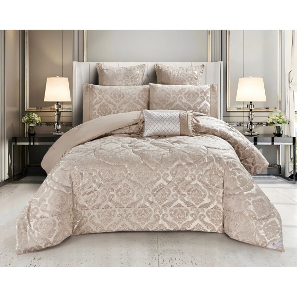 Set Lenjerie Jacquard cu Elastic + Pilota + Perna Tip Puisor, Pat 2 Persoane, 7 Piese, roz,PJQ5-ELASTIC