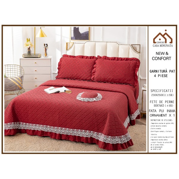 Cuvertura pat dublu din Bumbac Finet cu Broderie, 4 PIESE, VISINIU , CBUP5 Cuvertura pat dublu din Bumbac Finet cu Broderie, 4 PIESE, VISINIU , CBUP5