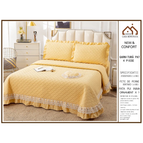 Cuvertura pat dublu din Bumbac Finet cu Broderie, 4 PIESE, GALBEN, CBUP9