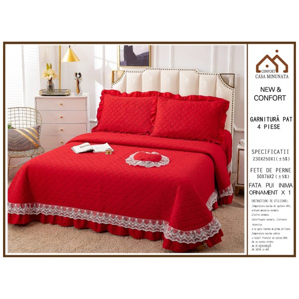 Cuvertura pat dublu din Bumbac Finet cu Broderie, 4 PIESE, ROSU, CBUP13