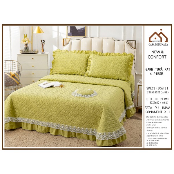Cuvertura pat dublu din Bumbac Finet cu Broderie, 4 PIESE, VERNIL , CBUP14