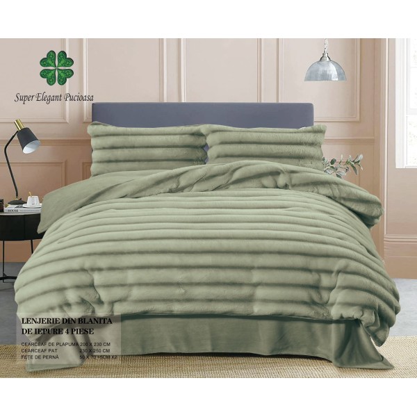 Lenjerie pufoasa pentru pat dublu din blana artificiala de iepure 4 piese ,verde, LCIP6 Lenjerie pufoasa pentru pat dublu din blana artificiala de iepure 4 piese ,verde, LCIP6