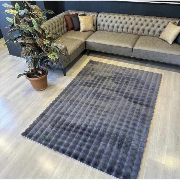 Covor Bubble imitatie blana de iepure 3D, 80 X 150 cm, gri inchis