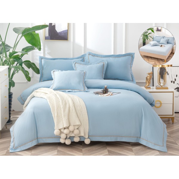 Lenjerie DIN FINET 6 piese, CEARCEAF DE PAT CU ELASTIC, pat dublu, chenar brodat, BLEU,  LFE6PP4