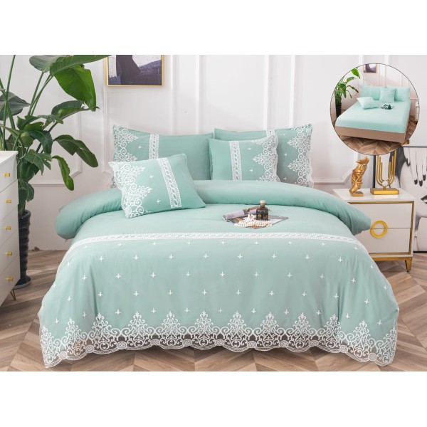 Lenjerie DIN FINET 6 piese, CEARCEAF DE PAT CU ELASTIC, pat dublu, DANTELA, TURQOISE,  LFE6PP7