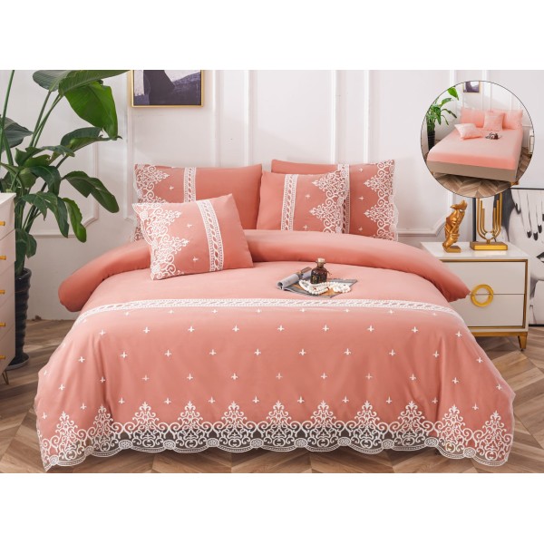 Lenjerie DIN FINET 6 piese, CEARCEAF DE PAT CU ELASTIC, pat dublu, PORTOCALIU,  LFE6PP9
