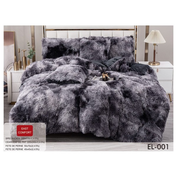 Set Lenjerie De Pat Pufoasa FLUFFY 6 piese, pat dublu GRI INCHIS DEGRADE EL-001