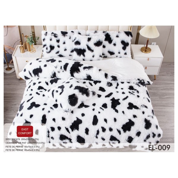 Set Lenjerie De Pat Pufoasa FLUFFY 6 piese, pat dublu,ANIMAL PRINT ALB NEGRU, EL-009