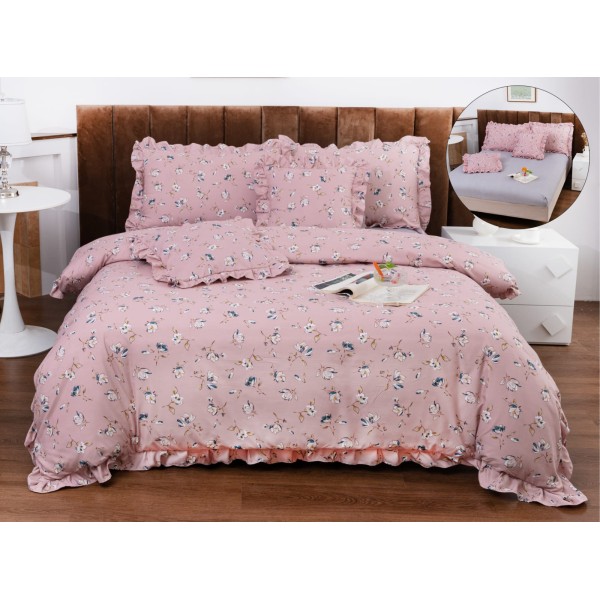 Set lenjerie finet , 6 piese , CU ELASTIC ,pentru pat dublu cu volanas LFVPK6