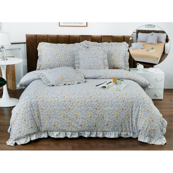 Set lenjerie finet , 6 piese , CU ELASTIC ,pentru pat dublu cu volanas LFVPK7