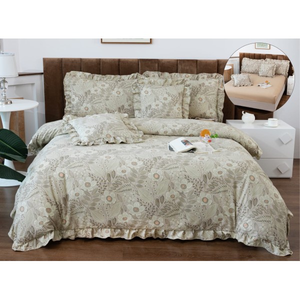Set lenjerie BUMBAC - finet , 6 piese , CU ELASTIC ,pentru pat dublu cu volanas LFVPK15