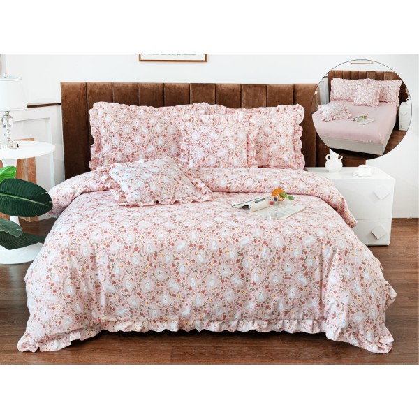 Set lenjerie BUMBAC-finet , 6 piese , CU ELASTIC ,pentru pat dublu cu volanas LFVPK18