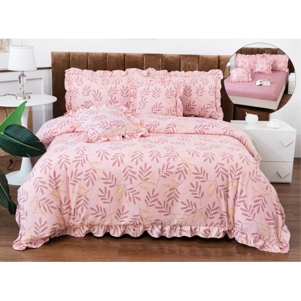 Set lenjerie BUMBAC-finet , 6 piese , CU ELASTIC ,pentru pat dublu cu volanas LFVPK19