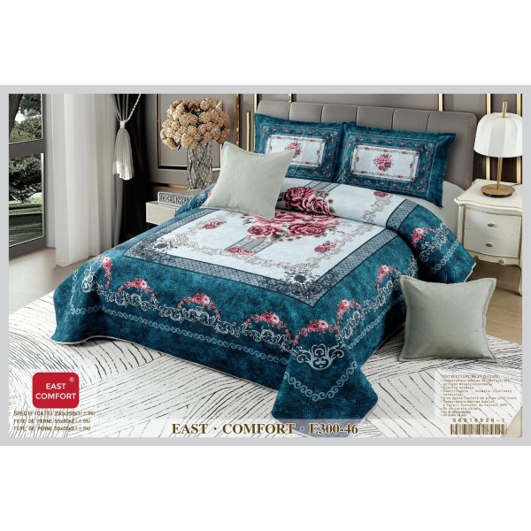 Cuvertura de Pat din Catifea Imprimata cu 4 Fete de Perna-E300-046 Cuvertura de Pat din Catifea Imprimata cu 4 Fete de Perna-E300-046
