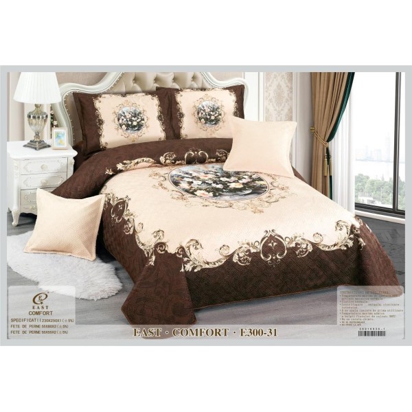 Cuvertura de Pat din Catifea Imprimata cu 4 Fete de Perna-E300-031 Cuvertura de Pat din Catifea Imprimata cu 4 Fete de Perna-E300-031