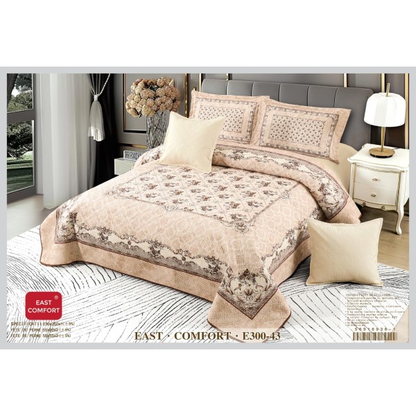 Cuvertura de Pat din Catifea Imprimata cu 4 Fete de Perna-E300-043 Cuvertura de Pat din Catifea Imprimata cu 4 Fete de Perna-E300-043