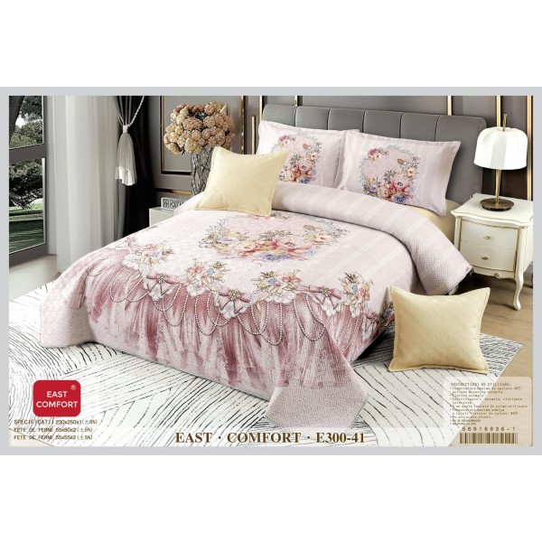 Cuvertura de Pat din Catifea Imprimata cu 4 Fete de Perna-E300-041 Cuvertura de Pat din Catifea Imprimata cu 4 Fete de Perna-E300-041