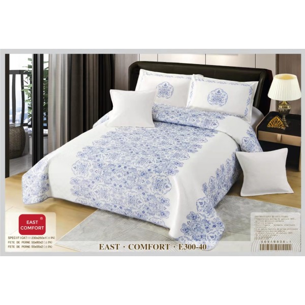 Cuvertura de Pat din Catifea Imprimata cu 4 Fete de Perna-E300-040 Cuvertura de Pat din Catifea Imprimata cu 4 Fete de Perna-E300-040