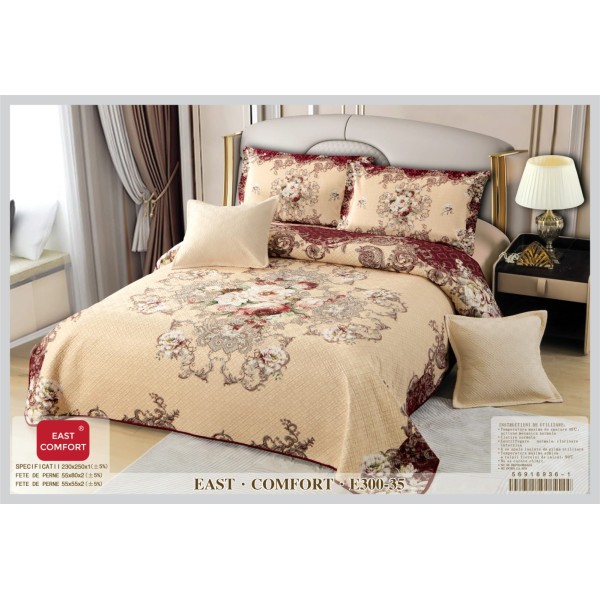 Cuvertura de Pat din Catifea Imprimata cu 4 Fete de Perna-E300-035 Cuvertura de Pat din Catifea Imprimata cu 4 Fete de Perna-E300-035